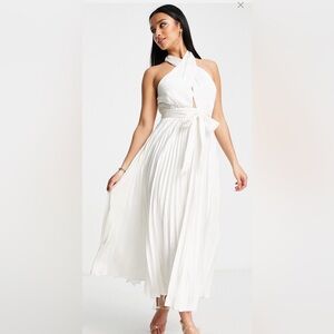 Ever New Petite halter neck pleated midi dress in white